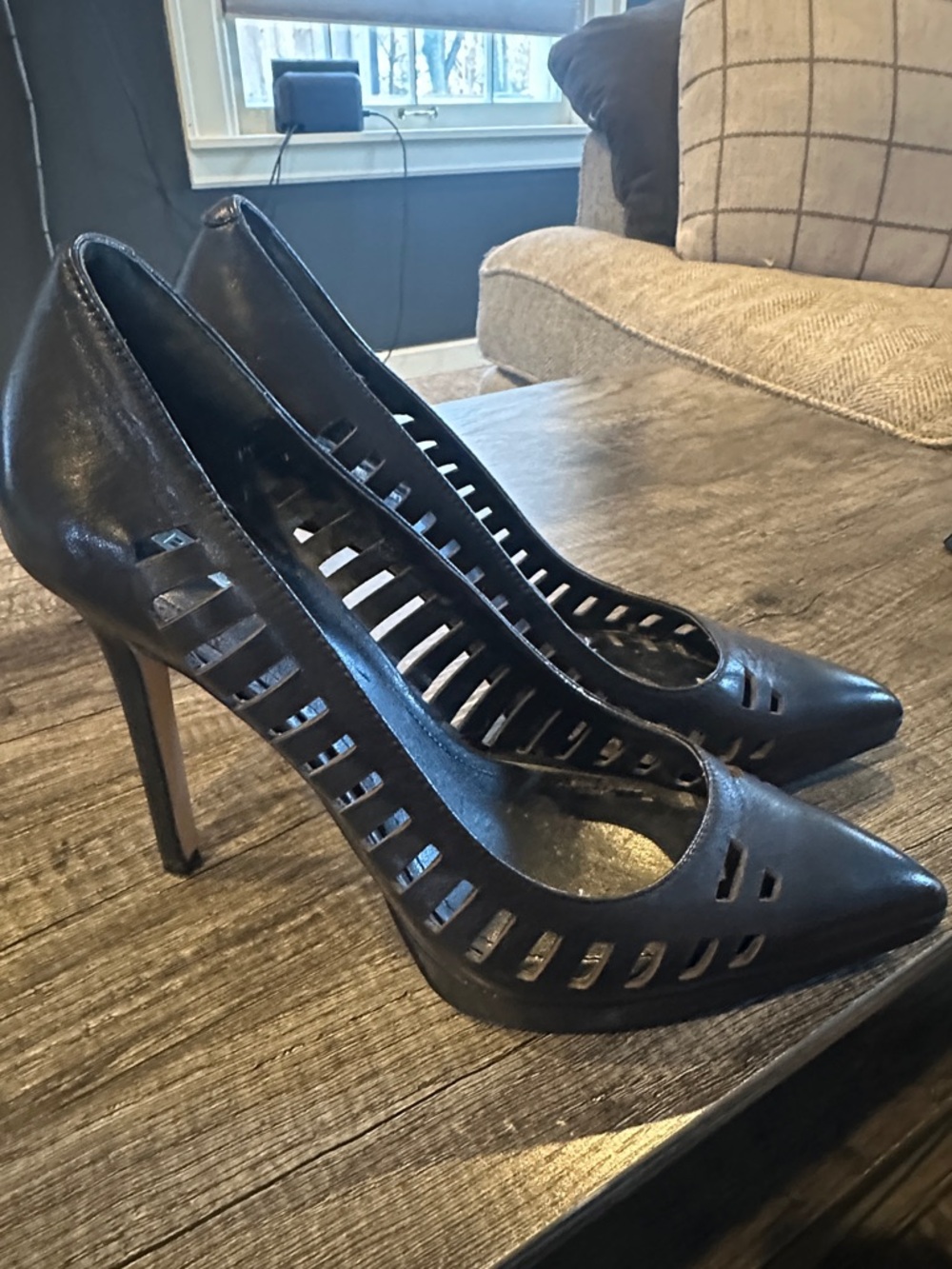 BCBGeneration "Lanie" Black Leather Laser Cutout Pointed Toe Stilettos